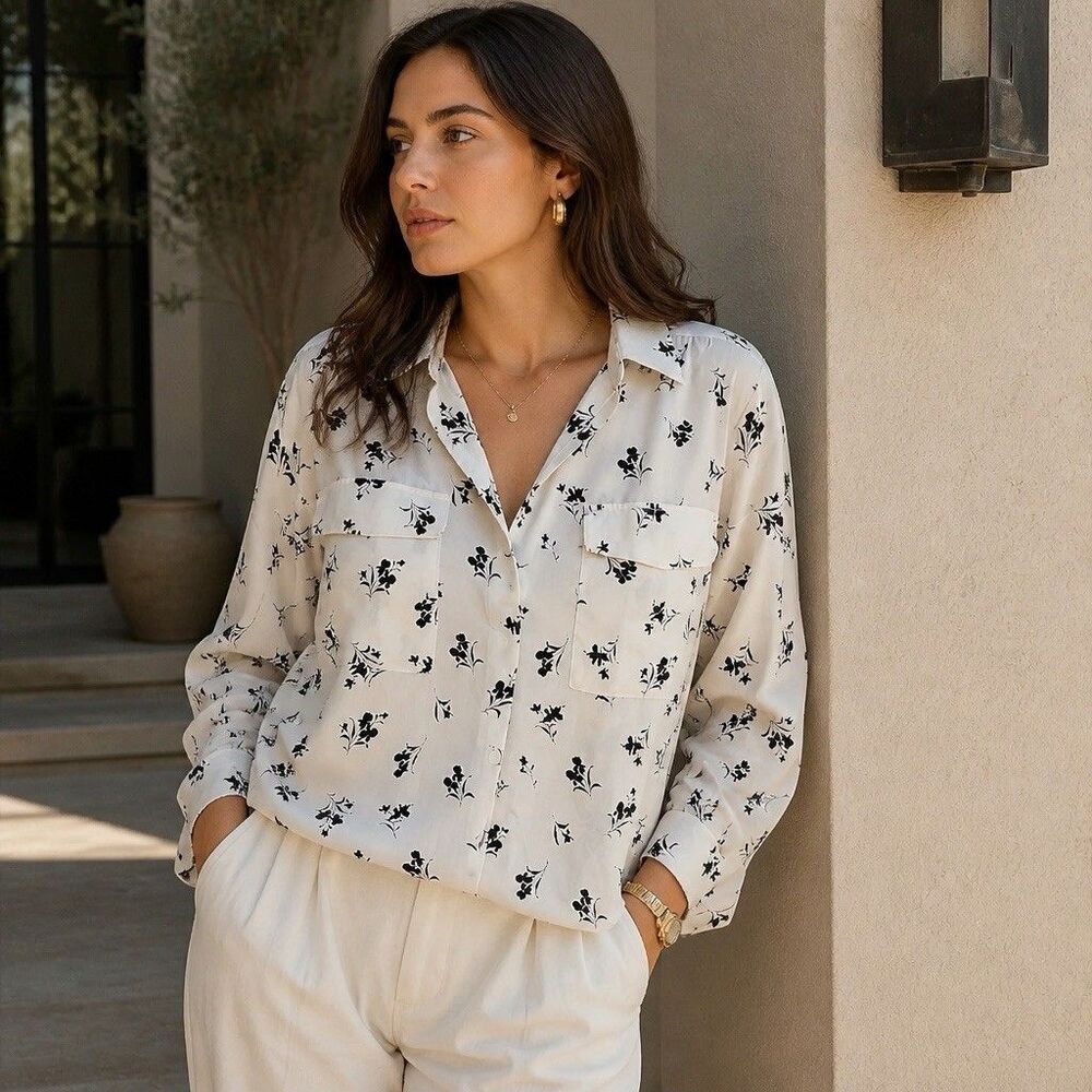 Ann Taylor Women XXL Ivory Black Floral Utility Blouse Button Front Workwear Top